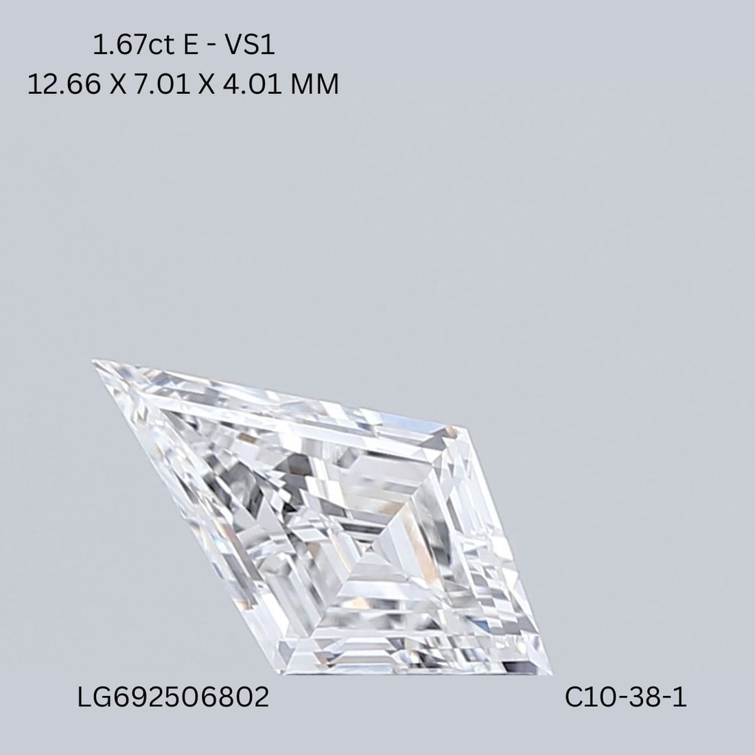 Loose Diamond - KITE 1.67ct E VS1: Loose Diamond - KITE 1.67ct E VS1 Source: This is a real non-mined Diamond that has been grown in a lab Shape: KITE Carats: 1.67 Color: E Clarity: VS1 Certification: IGI Video: