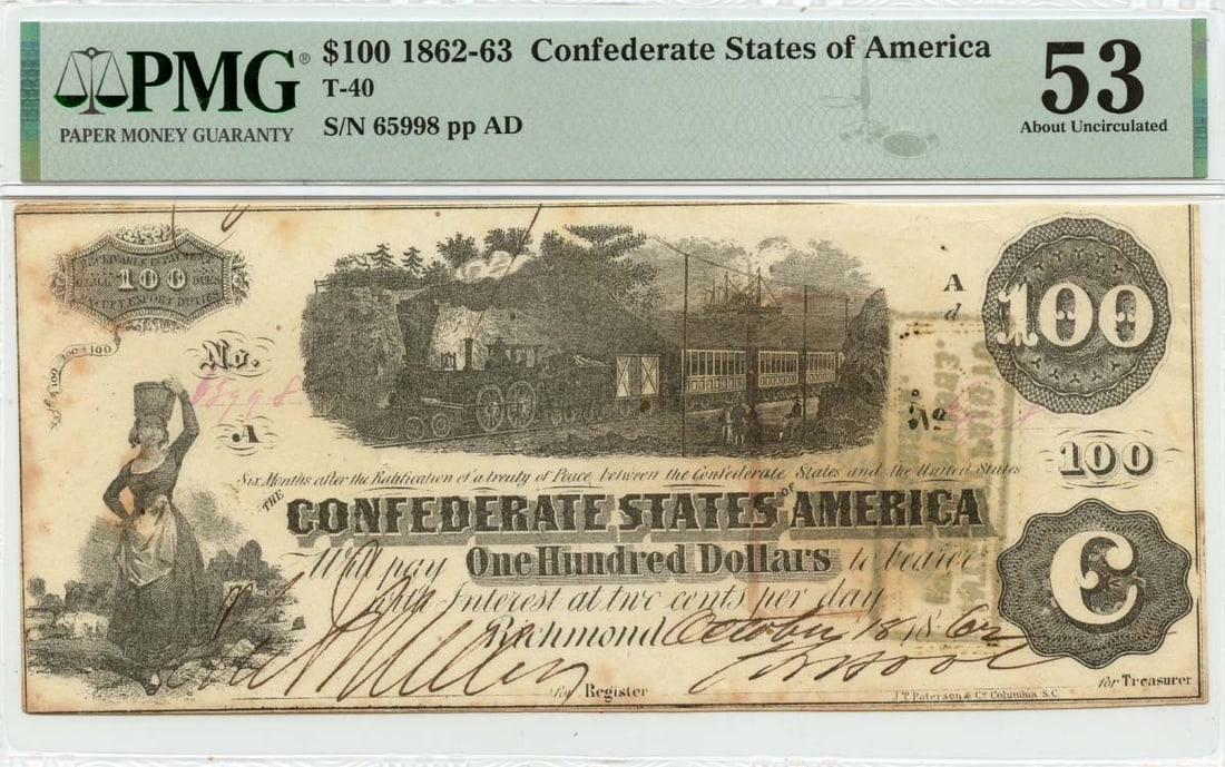 PMG AU53 1862 Confederate States of America T-40 $100 Note (1 of 2)