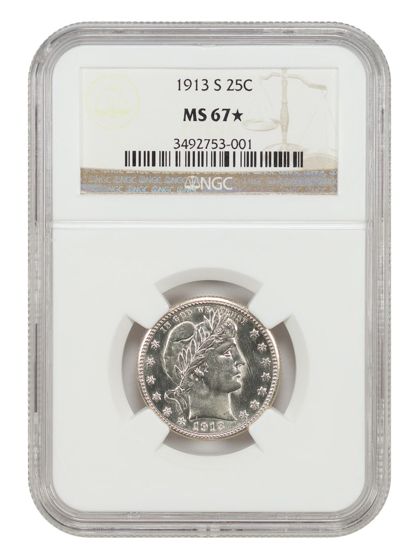 NGC MS67 Star 1913-S Barber Quarter 25C: NGC MS67 Star 1913-S Barber Quarter 25C 1913-S Barber Quarter certified by NGC in MS67 Star condition. This uncirculated example is one of the big 3 key dates in the Barber quarter series. The 1913-S 