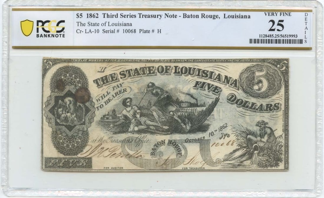 PCGS VF25 1862 State of Louisiana Baton Rouge $5 Obsolete Note (1 of 2)