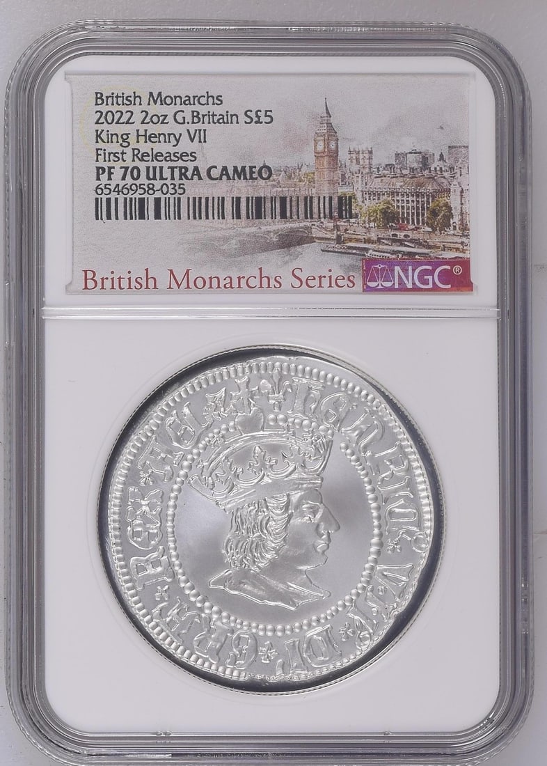 NGC PR70DCAM 2022 Great Britain 2oz King Henry VII S5PND First Releases: NGC PR70DCAM 2022 Great Britain 2oz King Henry VII S5PND First Releases Uncirculated 2022 Great Britain coin certified by NGC and graded PR70 DCAM. This pre-owned piece is identified as a First Releas