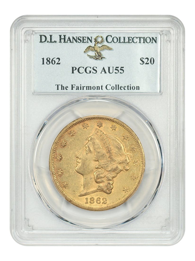 PCGS AU55 1862 Liberty Head $20 Gold Coin ex D.L. Hansen: PCGS AU55 1862 Liberty Head $20 Gold Coin ex D.L. Hansen 1862 Liberty Head $20 gold coin certified by PCGS as AU55. From a low mintage of just over 92,000 pieces, experts and submission records sugges