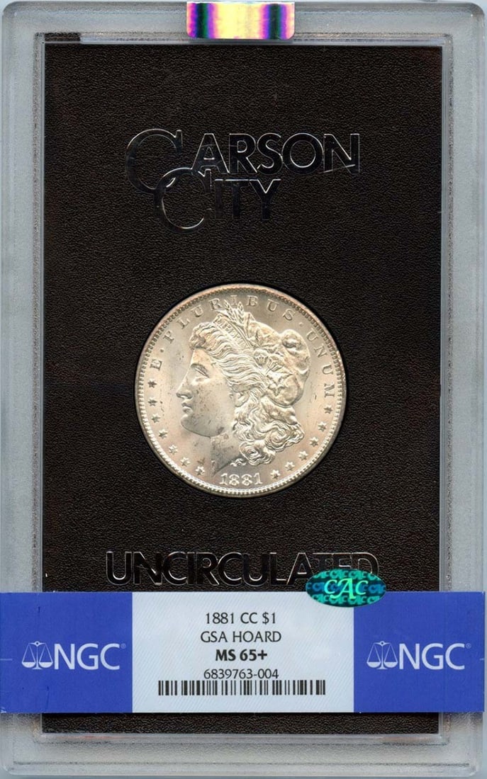 NGC MS65+ 1881 Carson City Morgan Silver Dollar GSA Hoard CAC: NGC MS65+ 1881 Carson City Morgan Silver Dollar GSA Hoard CAC This 1881-CC Morgan Dollar is an uncirculated coin from the GSA Hoard, certified by NGC with a grade of MS65+ and a CAC designation. Minte