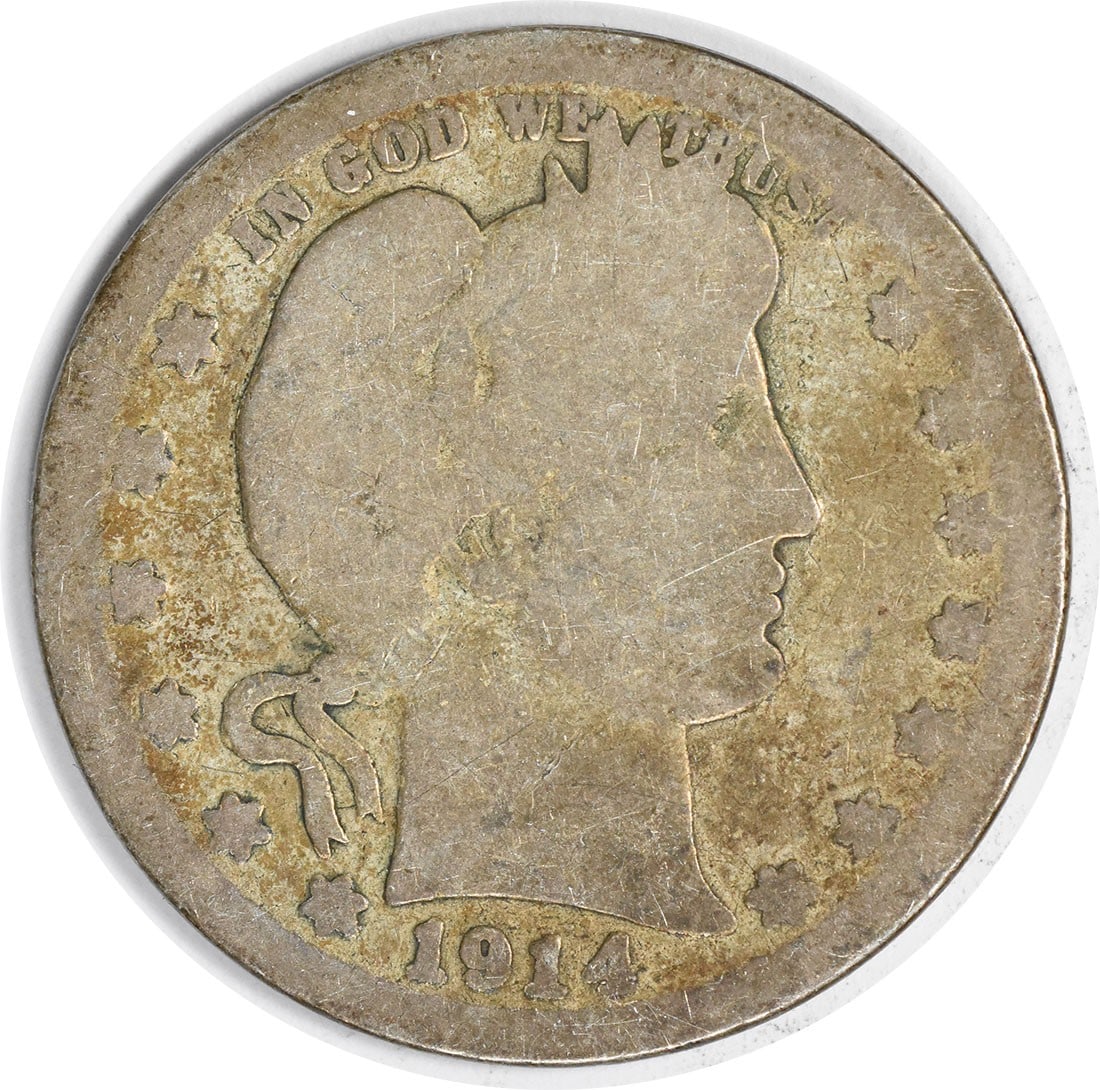 1914-S Barber Silver Quarter 25C G San Francisco Coin: 1914-S Barber Silver Quarter 25C G San Francisco Coin This 1914-S Barber Silver Quarter showcases the classic design by Charles E. Barber, a treasured piece of American coinage. The coin is circulated