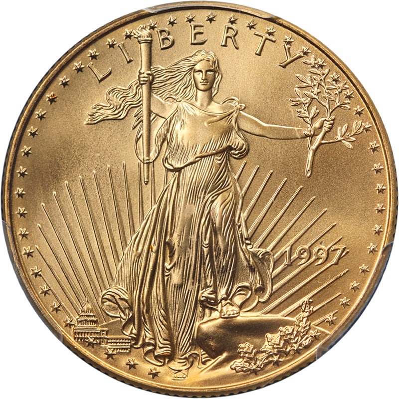 1997 PCGS MS70 $25 Gold American Eagle: 1997 PCGS MS70 $25 Gold American Eagle This 1997 Gold American Eagle $25 coin is graded PCGS MS70, indicating a flawless, mark-free example with superb eye appeal, strong strike, and exceptional luste