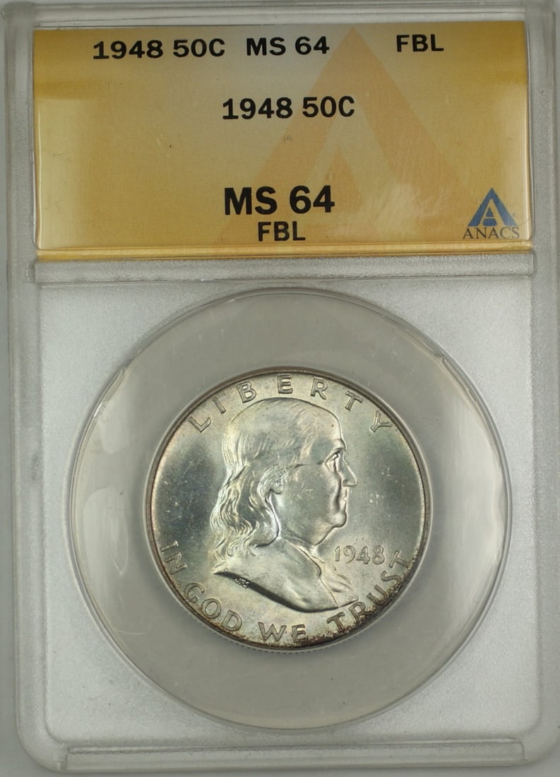 1948 Franklin Silver 50C Half Dollar ANACS MS-64 FBL Lightly Toned: 1948 Franklin Silver 50C Half Dollar ANACS MS-64 FBL Lightly Toned This 1948 Franklin Silver Half Dollar features a grade of MS-64 with Full Bell Lines, certified by ANACS. The coin displays attractiv