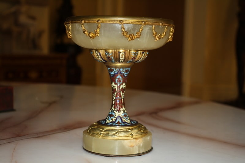 19th Century French Enameled Bronze Onyx Marble Centerpiece: 19th Century French Enameled Bronze Onyx Marble Centerpiece This stunning late 19th century French centerpiece showcases exquisite craftsmanship with its enameled bronze, onyx, and marble composition.