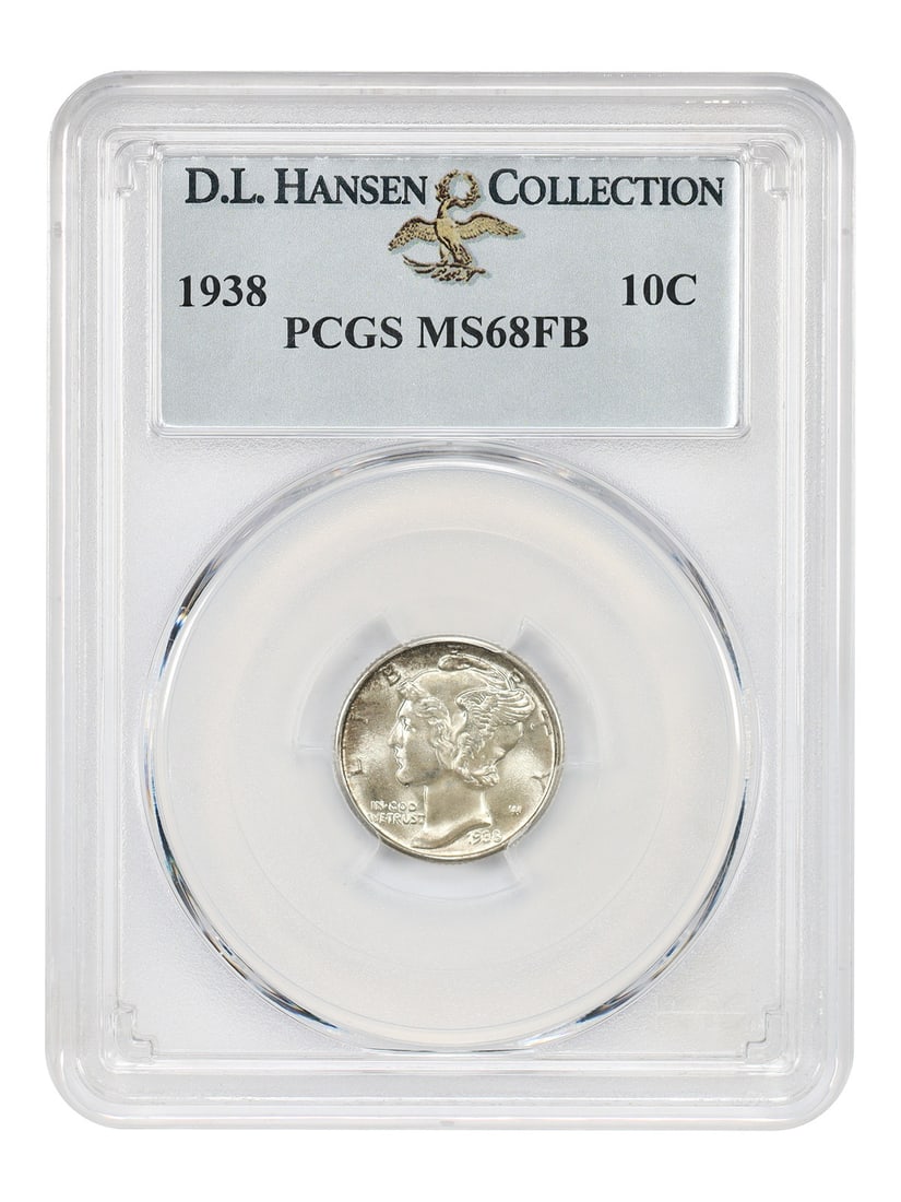 PCGS MS68FB 1938 Mercury Dime ex D.L. Hansen: PCGS MS68FB 1938 Mercury Dime ex D.L. Hansen 1938 Mercury dime certified by PCGS as MS68FB and noted ex: D.L. Hansen. The 1938 Mercury dime is fairly plentiful in Full Bands, although examples in MS68