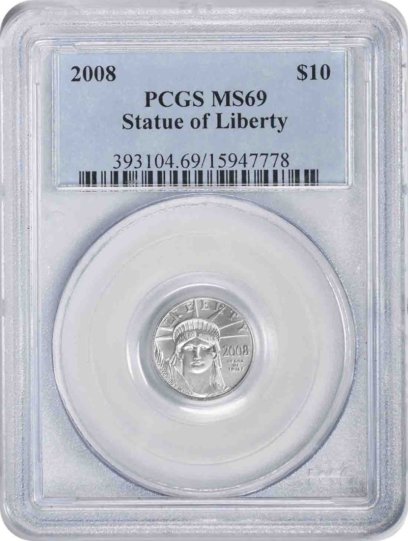 2008 Platinum $10 American Eagle Coin PCGS MS69 Certified: 2008 Platinum $10 American Eagle Coin PCGS MS69 Certified This 2008 $10 American Platinum Eagle coin is certified by PCGS with a grade of MS69. Minted by the U.S. Mint in Philadelphia, it features a d