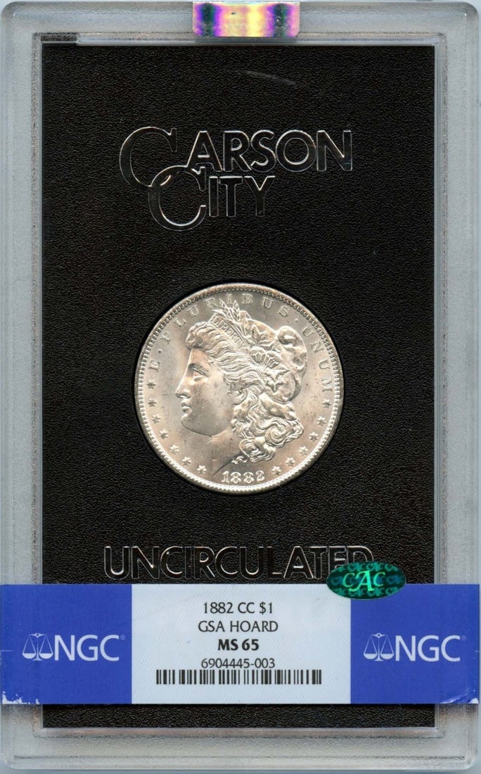 NGC MS65 CAC 1882 Carson City Morgan Silver Dollar from GSA Hoard: NGC MS65 CAC 1882 Carson City Morgan Silver Dollar from GSA Hoard This is an uncirculated 1882-CC Morgan Dollar from the GSA Hoard, graded MS65 by NGC and approved by CAC. Minted in Carson City, this 