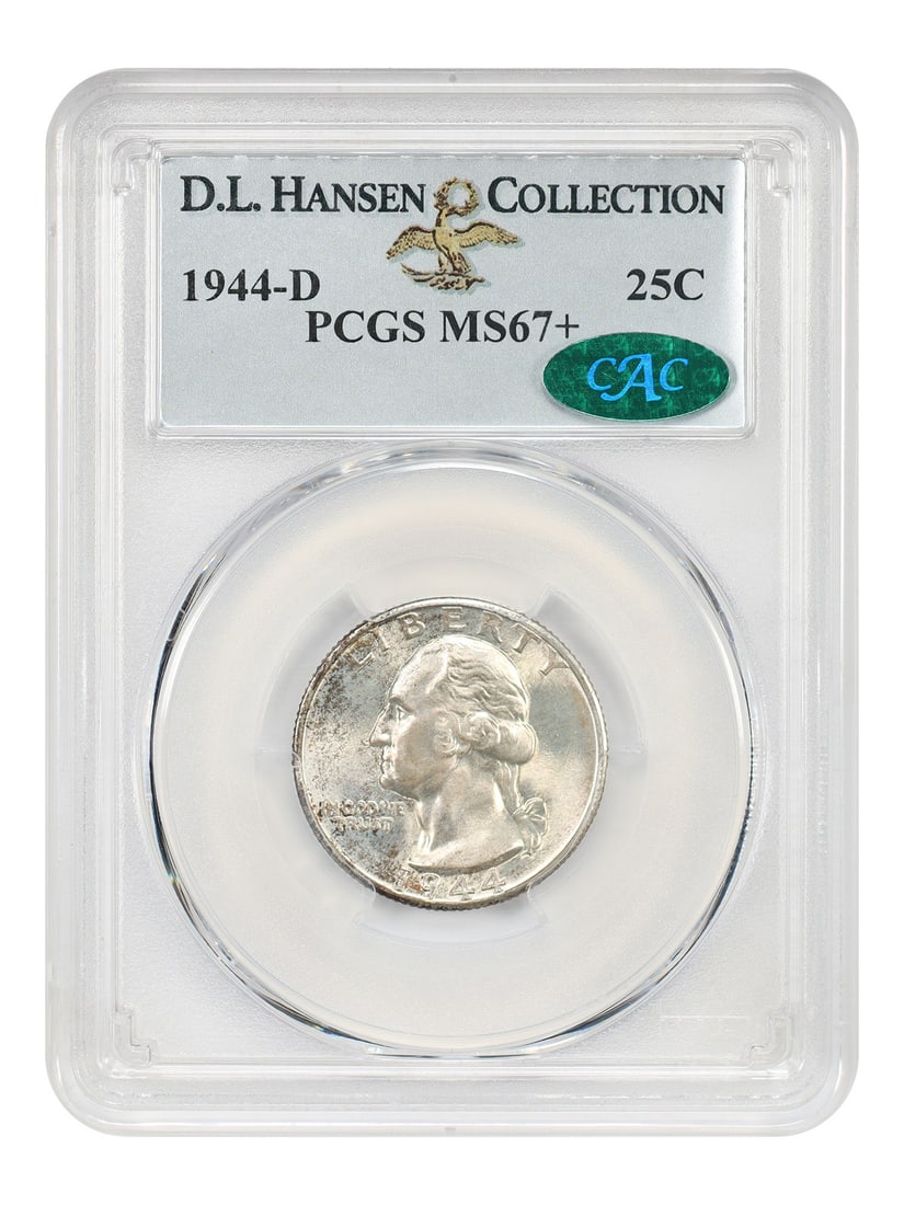 PCGS MS67+ 1944-D Washington Quarter 25C: PCGS MS67+ 1944-D Washington Quarter 25C 1944-D Washington Quarter certified by PCGS and approved by CAC, graded MS67+ and noted ex: D.L. Hansen. This uncirculated coin features a fully struck appeara