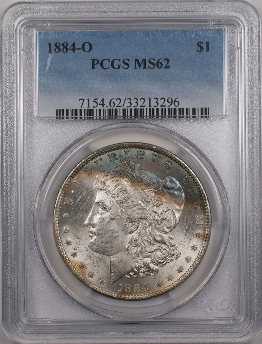 PCGS MS62 1884-O Silver Morgan Dollar Uncirculated New Orleans Mint: PCGS MS62 1884-O Silver Morgan Dollar Uncirculated New Orleans Mint This 1884-O Morgan Silver Dollar is certified by PCGS with a grade of MS 62 and features attractive toning. Minted in New Orleans, i
