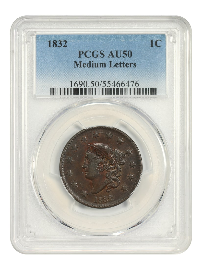 Coronet Head Cent 1832 1C PCGS AU50 Medium Letters BN: Coronet Head Cent 1832 1C PCGS AU50 Medium Letters BN 1832 Coronet Head Cent certified by PCGS in AU50 with Medium Letters. This circulated example has a BN color designation and is offered as a pre-o