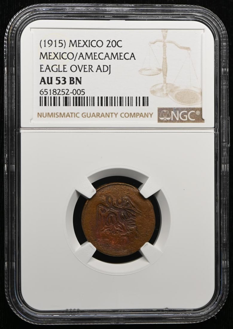 Mexico Amecameca 20C Token KM-683 GB-250 NGC AU53BN: Mexico Amecameca 20C Token KM-683 GB-250 NGC AU53BN Undated (1915) Mexico/Amecameca 20 centavos coin, cataloged as KM-683 and GB-250. This pre-owned circulated example is graded AU53 by NGC. Specifica