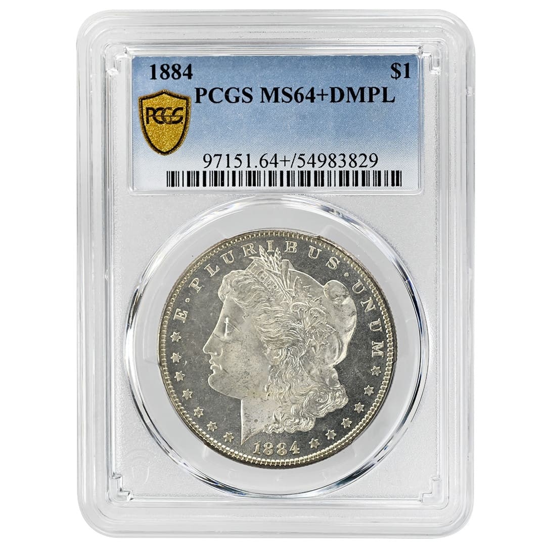 PCGS MS64+ DMPL 1884 Morgan Silver Dollar $1 POP 9/57: PCGS MS64+ DMPL 1884 Morgan Silver Dollar $1 POP 9/57 1884 Morgan Dollar $1 rare coin graded PCGS MS64+ DMPL. This pre-owned United States silver dollar features the Deep Mirror Prooflike designation 