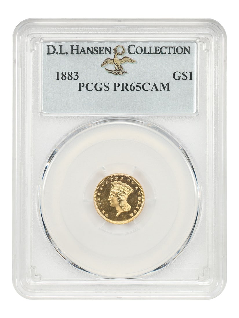 1883 PCGS PR65CAM Gold Dollar ex D.L. Hansen: 1883 PCGS PR65CAM Gold Dollar ex D.L. Hansen 1883 Gold Dollar certified by PCGS as PR65CAM and pedigreed ex: D.L. Hansen. From a modest mintage of 207 pieces, the 1883 proof gold dollar is elusive in 