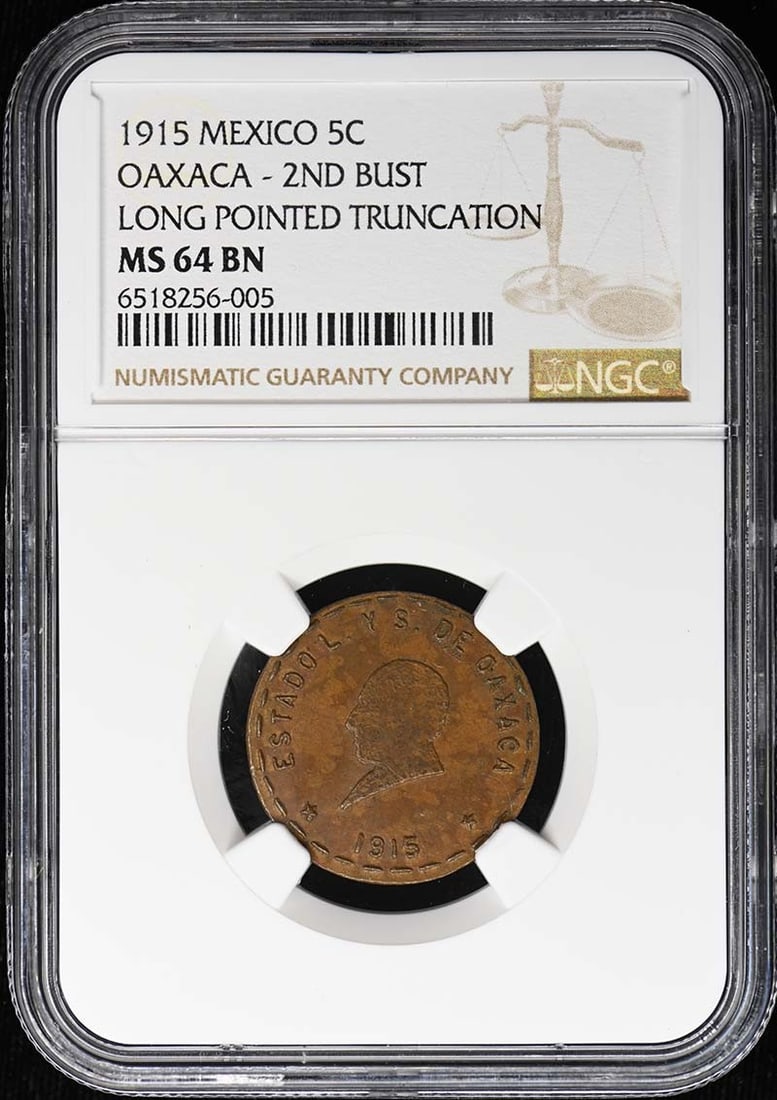 Mexico Oaxaca 1915 5C Coin NGC MS64BN KM-717 GB-308: Mexico Oaxaca 1915 5C Coin NGC MS64BN KM-717 GB-308 1915 Mexico Oaxaca 5 centavos coin, cataloged as KM-717 and GB-308. This pre-owned coin is certified by NGC and graded MS64BN. Listed as uncirculate