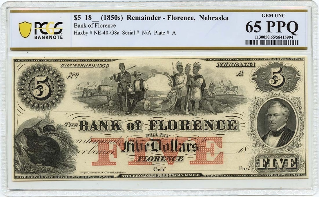 PCGS GEM 65 PPQ Bank of Florence 1850s Nebraska $5 Note (1 of 2)