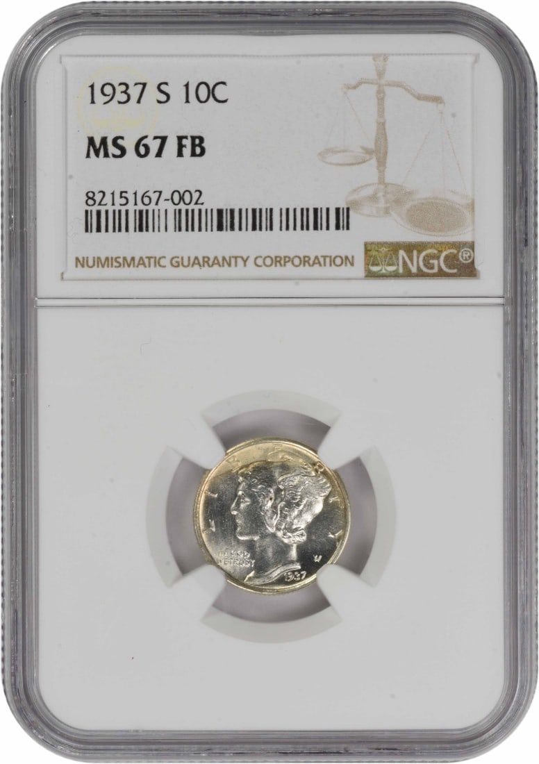 MS67FB 1937 San Francisco Mercury Dime 10C NGC Certified Silver Coin: MS67FB 1937 San Francisco Mercury Dime 10C NGC Certified Silver Coin This is a 1937-S Mercury Dime from the United States, featuring a design by Adolph Alexander Weinman. The coin is composed of 90% s