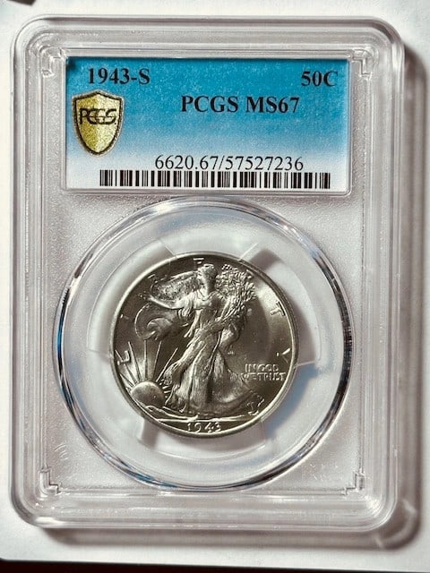 PCGS MS67 Silver 1943 San Francisco Walking Liberty Half Dollar: PCGS MS67 Silver 1943 San Francisco Walking Liberty Half Dollar This is a 1943 S Walking Liberty Half Dollar, certified by PCGS with a grade of MS 67. Struck in San Francisco, this uncirculated silver