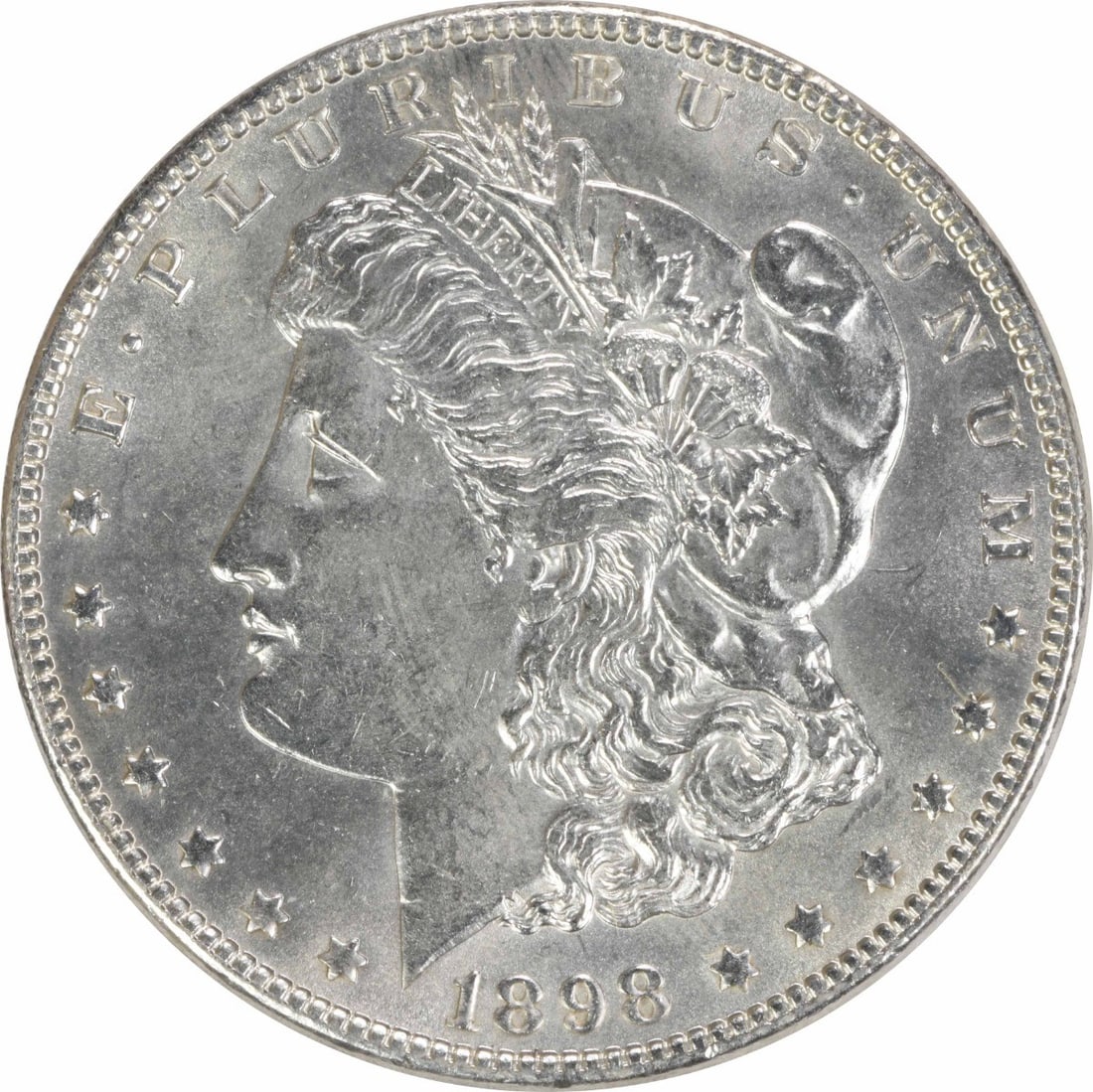 Choice BU 1898 Silver Morgan Dollar Uncirculated Uncertified No Mint Mark: Choice BU 1898 Silver Morgan Dollar Uncirculated Uncertified No Mint Mark This 1898 Morgan Silver Dollar is a Choice Brilliant Uncirculated (BU) coin. Composed of silver, it was minted in the United S