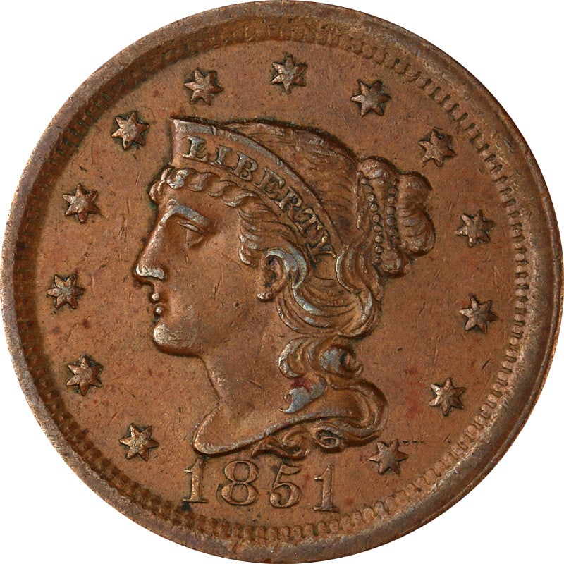 1851 United States Copper Large Cent Coin Circulated: 1851 United States Copper Large Cent Coin Circulated This is an 1851 Large Cent from the United States, composed of copper. The coin is circulated and uncertified, and is in pre-owned condition. Speci
