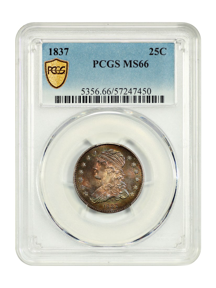 PCGS MS66 1837 Capped Bust 25C Quarter: PCGS MS66 1837 Capped Bust 25C Quarter 1837 Capped Bust Quarter certified by PCGS as MS66. With a mintage of 252,400 coins, this issue has just five examples graded finer across all major grading serv