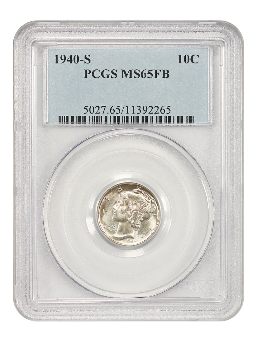 PCGS MS65FB 1940-S Mercury Dime 10C: PCGS MS65FB 1940-S Mercury Dime 10C Uncirculated 1940-S Mercury Dime certified by PCGS and graded MS65FB. The coin is from the San Francisco mint and is listed in pre-owned condition. Specifications C
