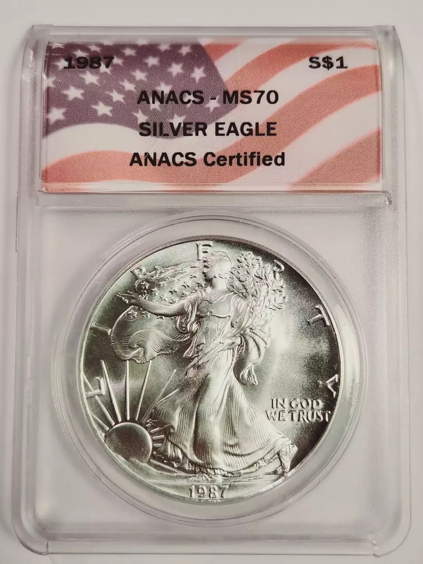 1987 P Silver Eagle Coin ANACS MS-70 Certified Uncirculated: 1987 P Silver Eagle Coin ANACS MS-70 Certified Uncirculated This 1987 P Silver Eagle is a stunning collectible coin, certified by ANACS with a perfect grade of MS 70. Struck in silver at the Philadelp