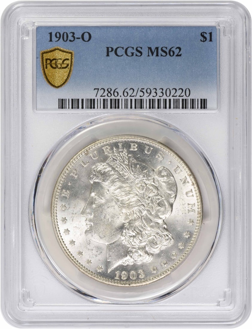 PCGS MS62 1903 O Morgan Silver Dollar: PCGS MS62 1903 O Morgan Silver Dollar This 1903-O Morgan Silver Dollar is graded MS62 by PCGS and is an uncirculated coin from the New Orleans Mint. Designed by George T. Morgan, it is composed of 90%
