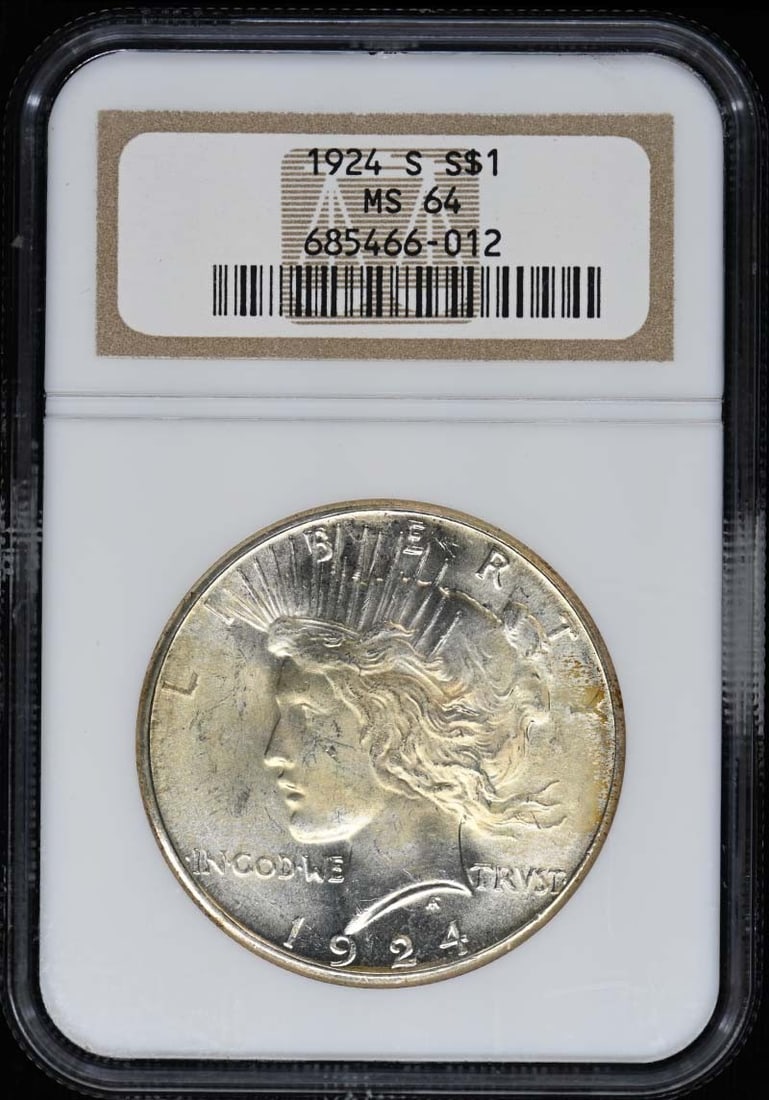 NGC MS64 1924 S Peace Dollar US Silver One Dollar Coin: NGC MS64 1924 S Peace Dollar US Silver One Dollar Coin Certified 1924 Peace Dollar with an MS64 grade from NGC. This pre-owned United States silver dollar is an uncirculated example of the Peace Dolla