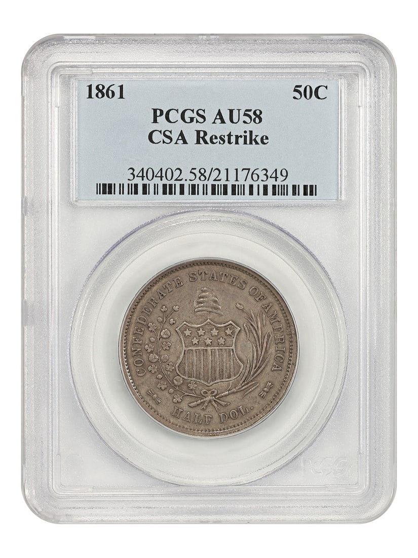 Confederate States of America 1861 50C Restrike PCGS AU58 Half Dollar: Confederate States of America 1861 50C Restrike PCGS AU58 Half Dollar 1861 Confederate States of America 50C restrike certified by PCGS in AU58 condition. This rare restrike of the Confederate States 