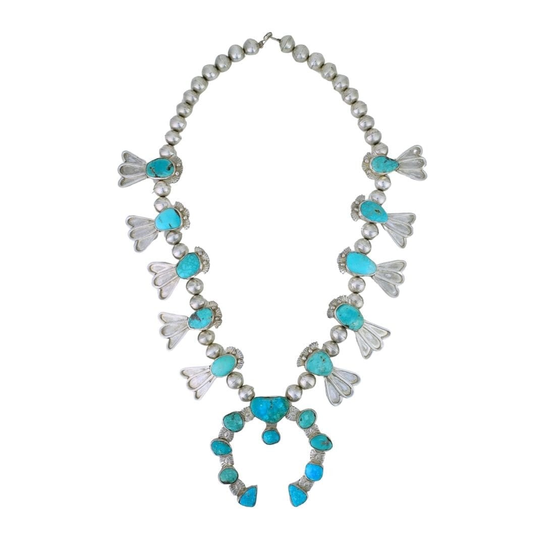 Handmade Native American Squash Blossom Necklace Sterling Silver Turquoise 25 In (1 of 7)