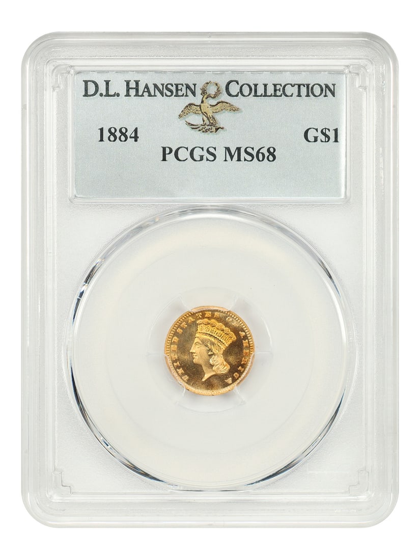 1884 G$1 Gold Dollar PCGS MS68 D.L. Hansen Certified Coin: 1884 G$1 Gold Dollar PCGS MS68 D.L. Hansen Certified Coin This 1884 Gold Dollar is graded MS68 by PCGS, showcasing remarkable preservation and aesthetic appeal. With a mintage of only 5,230 business s
