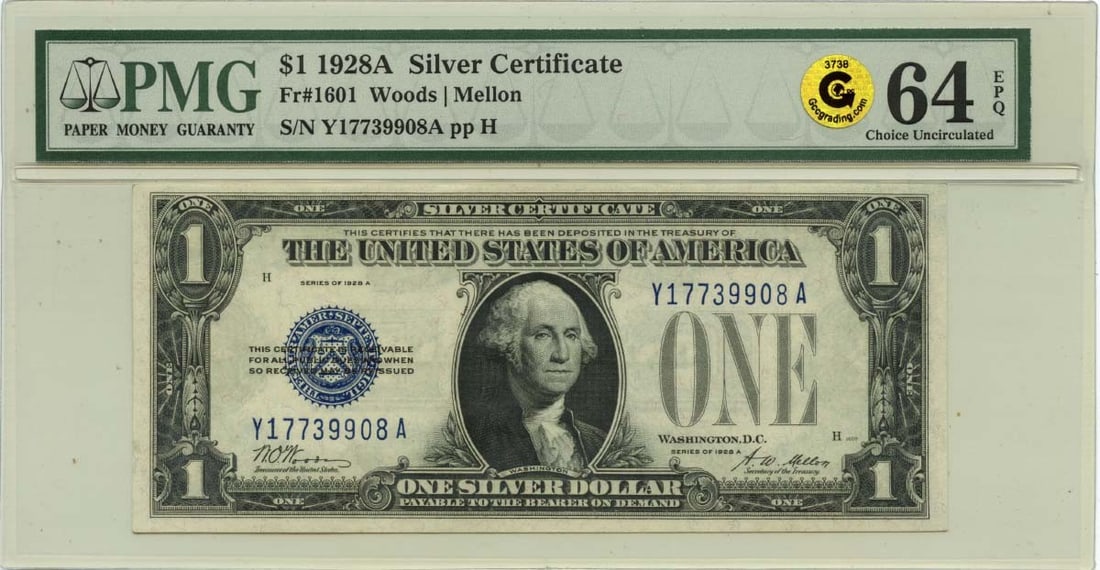 PMG 64 EPQ 1928A $1 Silver Certificate Fr 1601: PMG 64 EPQ 1928A $1 Silver Certificate Fr 1601 1928A $1 Silver Certificate from the United States, offered in uncirculated pre-owned condition. The note is PMG certified and carries an EPQ designation