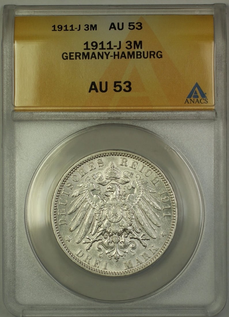 Germany 1911-J Hamburg Three Marks Silver Coin ANACS AU 53: Germany 1911-J Hamburg Three Marks Silver Coin ANACS AU 53 This 1911-J Germany-Hamburg 3 Marks silver coin is certified by ANACS with a grade of AU 53. It features pre-owned condition and is composed 