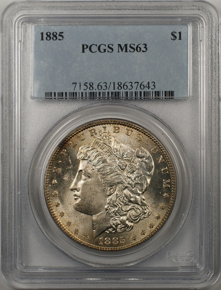 PCGS MS 63 1885 Morgan Dollar Silver Uncirculated Philadelphia Mint: PCGS MS 63 1885 Morgan Dollar Silver Uncirculated Philadelphia Mint This is an 1885 Morgan Silver Dollar coin, certified by PCGS with a grade of MS 63. Struck at the Philadelphia Mint, it features a d