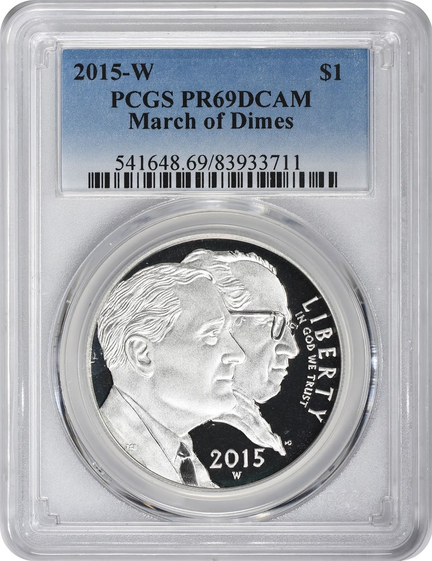 PCGS PR69DCAM 2015-W March of Dimes Silver Dollar: PCGS PR69DCAM 2015-W March of Dimes Silver Dollar This 2015-W March of Dimes Silver Commemorative Dollar is a proof coin graded PR69DCAM by PCGS. Struck at the West Point Mint, it is composed of silve