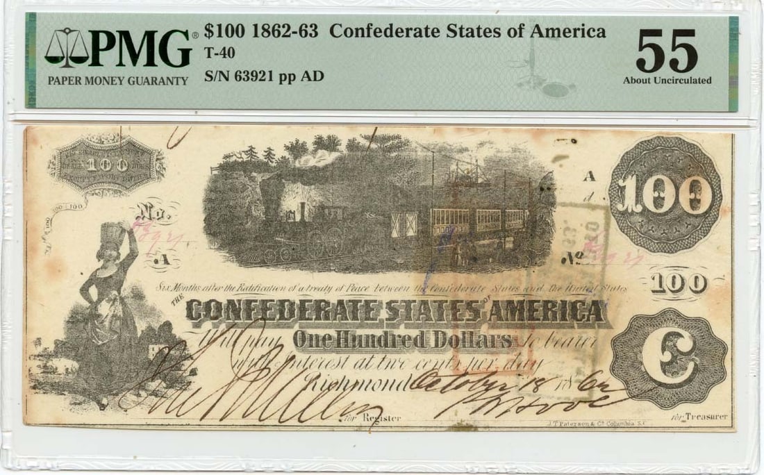 PMG AU55 1862 Confederate States of America T-40 $100 Note: PMG AU55 1862 Confederate States of America T-40 $100 Note 1862 Confederate States of America T-40 $100 note, graded PMG AU55. This pre-owned, circulated note is a certified example of Confederate cur