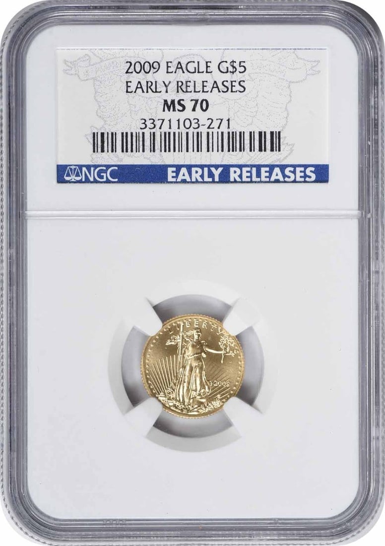 2009 American Gold Eagle $5 MS70 NGC Early Releases Coin: 2009 American Gold Eagle $5 MS70 NGC Early Releases Coin This exquisite 2009 $5 American Gold Eagle coin is graded MS70 by NGC, signifying its pristine condition. Struck by the U.S. Mint, this coin fe
