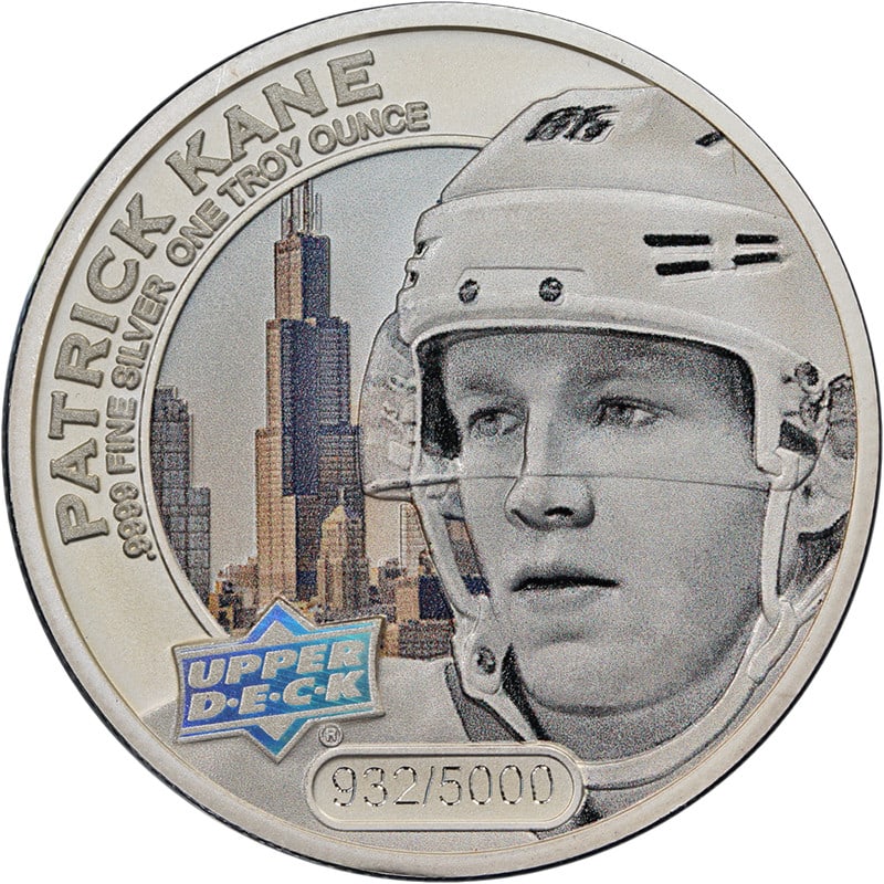 Patrick Kane Upper Deck colorized 2017 Cook Islands 2 x 1 oz silver $5 set: Patrick Kane Upper Deck colorized 2017 Cook Islands 2 x 1 oz silver $5 set Original 2017 Cook Islands Patrick Kane colorized Upper Deck set featuring two 1 ounce silver $5 coins. This pre-owned set is
