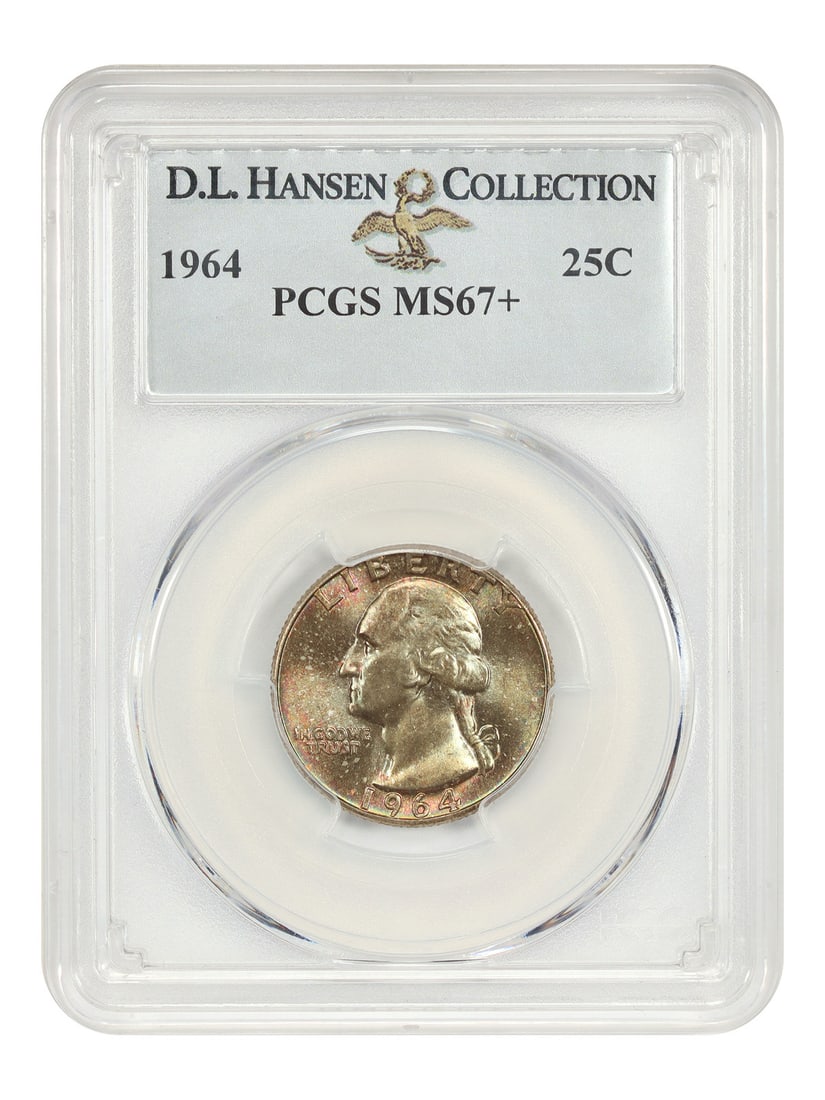 PCGS MS67+ 1964 Washington Quarter ex D.L. Hansen 25C: PCGS MS67+ 1964 Washington Quarter ex D.L. Hansen 25C 1964 Washington Quarter certified by PCGS as MS67+ and pedigreed ex: D.L. Hansen. Tied for finest known at PCGS with only one NGC example finer, a