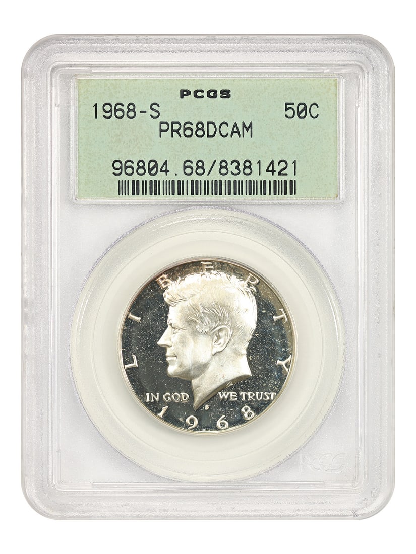 Kennedy Half Dollar 1968-S 50C PCGS PR68DCAM OGH: Kennedy Half Dollar 1968-S 50C PCGS PR68DCAM OGH 1968-S Kennedy Half Dollar certified by PCGS as PR68DCAM. This pre-owned coin is an uncirculated example housed in an old green holder (OGH). Specifica