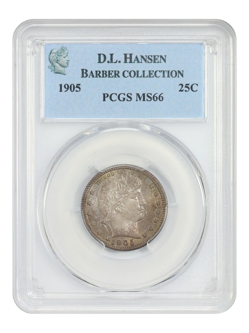 1905 Barber Quarter 25C PCGS MS66 ex D.L. Hansen: 1905 Barber Quarter 25C PCGS MS66 ex D.L. Hansen 1905 Barber Quarter certified by PCGS as MS66 and offered from the D.L. Hansen collection. This Philadelphia issue is an uncirculated example with rich