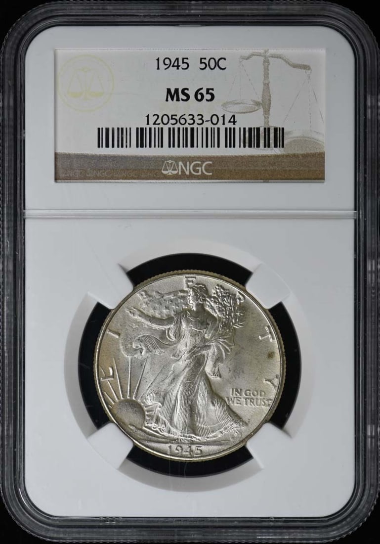NGC MS65 1945 Walking Liberty Half Dollar 50C: NGC MS65 1945 Walking Liberty Half Dollar 50C 1945 Walking Liberty Half Dollar certified by NGC and graded MS65. This pre-owned coin is listed as uncirculated and issued by the United States. Specific