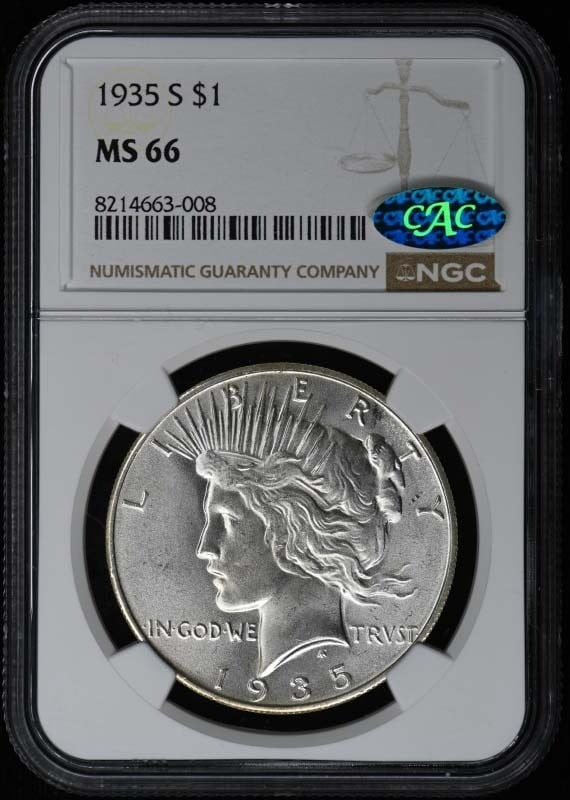 NGC CAC MS66 1935 San Francisco Peace Silver Dollar: NGC CAC MS66 1935 San Francisco Peace Silver Dollar This 1935-S Peace Dollar is certified by NGC with a grade of MS66 and features the CAC designation, indicating high quality. Minted in San Francisco