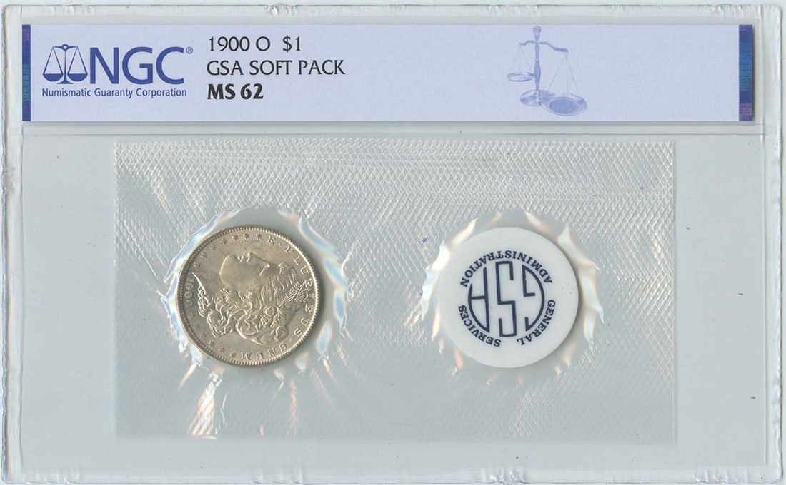 NGC MS62 1900-O Morgan Silver Dollar GSA Soft Pack Uncirculated: NGC MS62 1900-O Morgan Silver Dollar GSA Soft Pack Uncirculated This is a 1900-O Morgan Dollar presented in a GSA soft pack, graded MS62 by NGC. The coin is uncirculated and was minted in New Orleans.