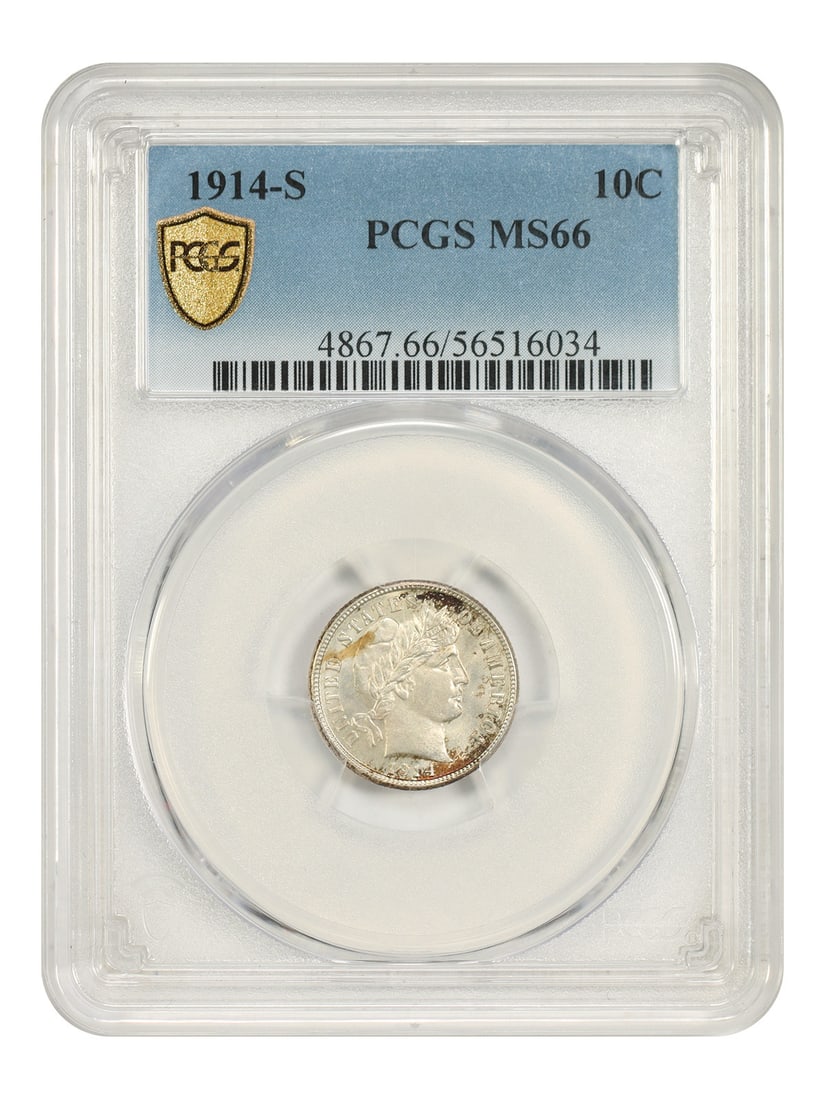 Barber Dime 1914-S 10C PCGS MS66 Uncirculated: Barber Dime 1914-S 10C PCGS MS66 Uncirculated 1914 Barber Dime certified by PCGS in MS66. This uncirculated better-date example is described as a premium gem with strong luster. Pre-owned. Specificati