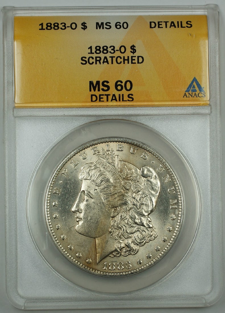 ANACS MS 60 Details 1883 O Morgan Silver Dollar: ANACS MS 60 Details 1883 O Morgan Silver Dollar This is an 1883-O Morgan Silver Dollar coin, certified by ANACS with a grade of MS 60 Details. The coin is composed of silver, was minted in New Orleans