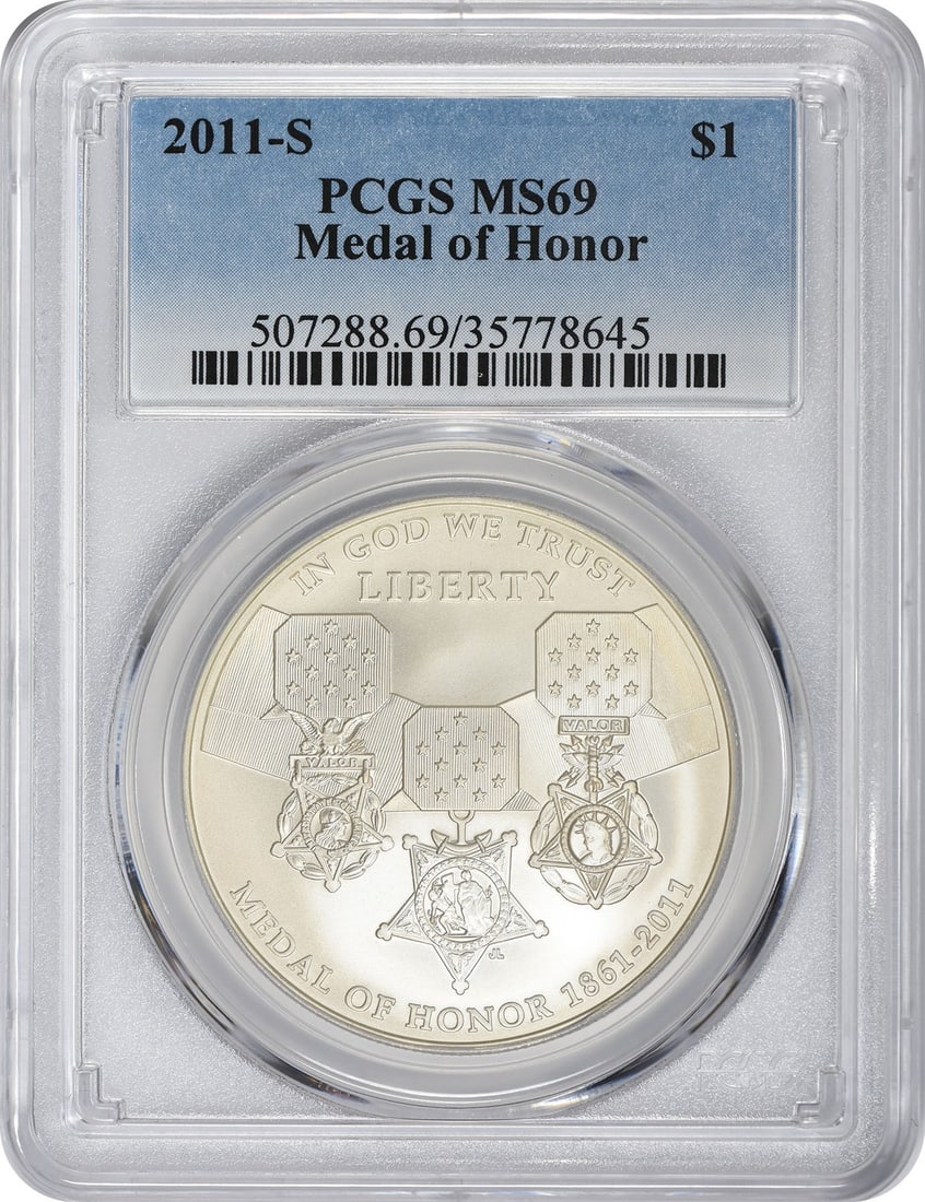 PCGS MS69 2011-S Medal of Honor Silver Commemorative Dollar: PCGS MS69 2011-S Medal of Honor Silver Commemorative Dollar 2011-S Medal of Honor Silver Commemorative Dollar graded MS69 by PCGS. This uncirculated commemorative dollar is composed of silver and was 